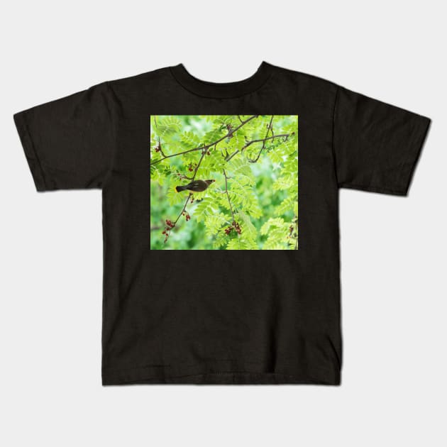 Single bird eating a red berry on green leaf background Kids T-Shirt by Danielleroyer